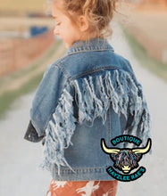 Load image into Gallery viewer, Lil’ Cowgirl Denim Fringe Jacket