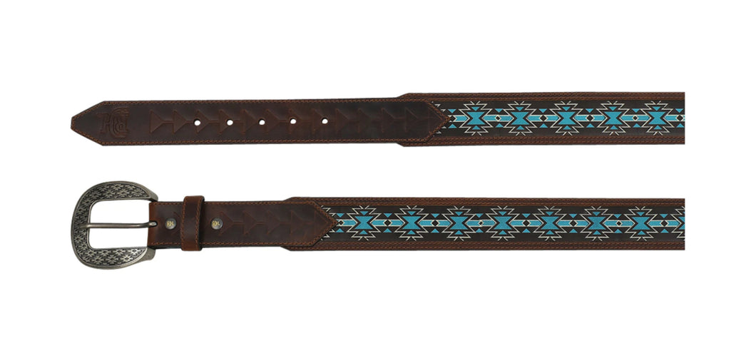 Men's Tan with Dark Brown And Blue Southwest Print Pattern Belt