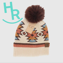 Load image into Gallery viewer, Southwestern Faux Fur Pom C.C Beanie
