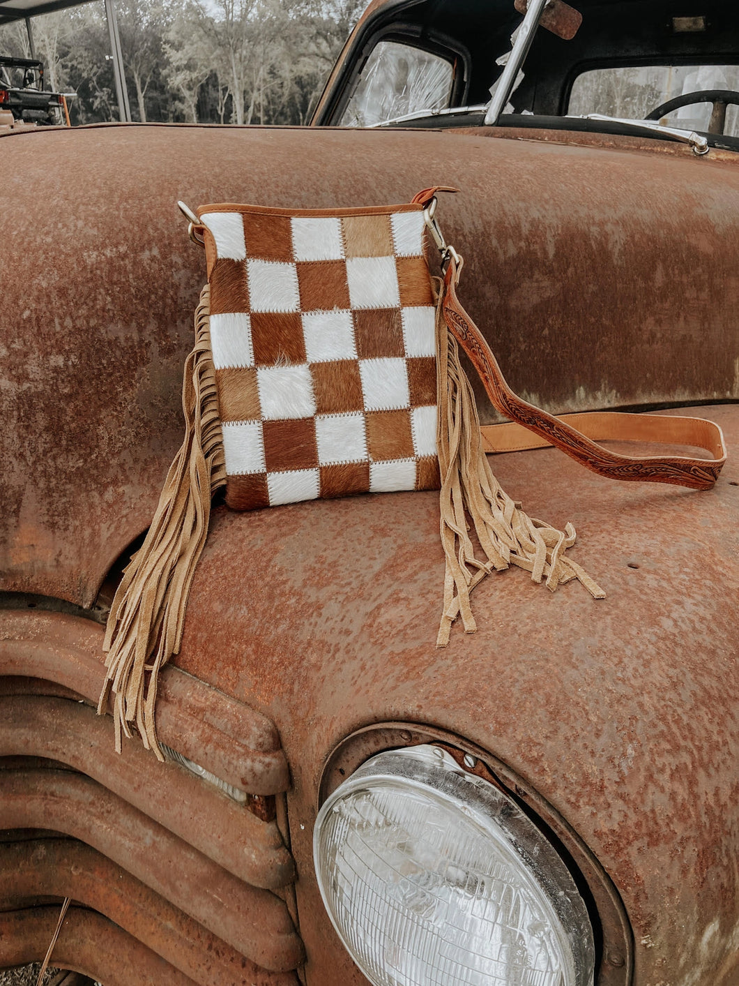 Checkered Cowhide Fringe Purse in Brown & White