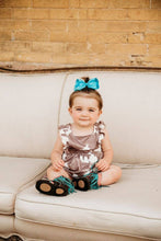 Load image into Gallery viewer, Brown Cowprint Cross Romper, Size 0-2T
