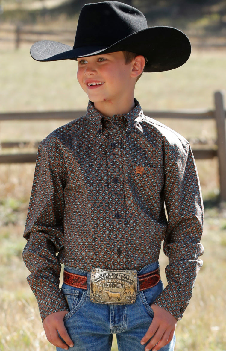 Brown Geometric Button Down