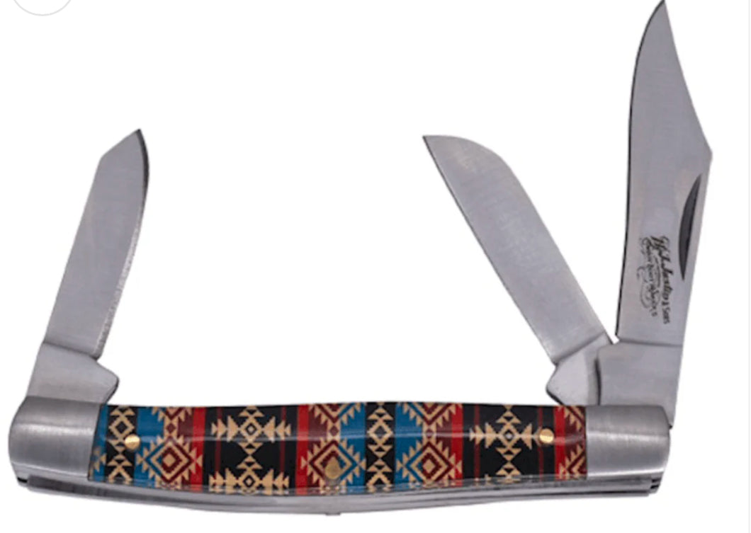 Justin Stockman Acrylic Blue & Red Aztec 3 Blade Pocket Knife