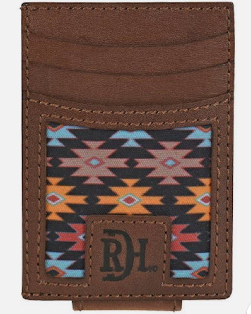 Red Dirt Western Mens Card Case Money Clip Leather Canvas Inlay Brown