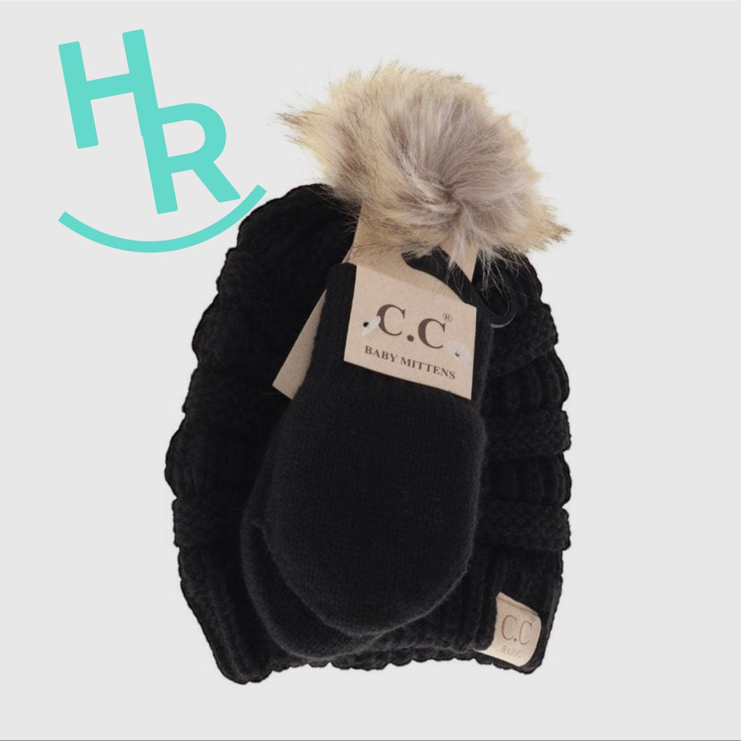 Baby Solid Knit Faux Fur Pom C.C Beanie with Mitten Set