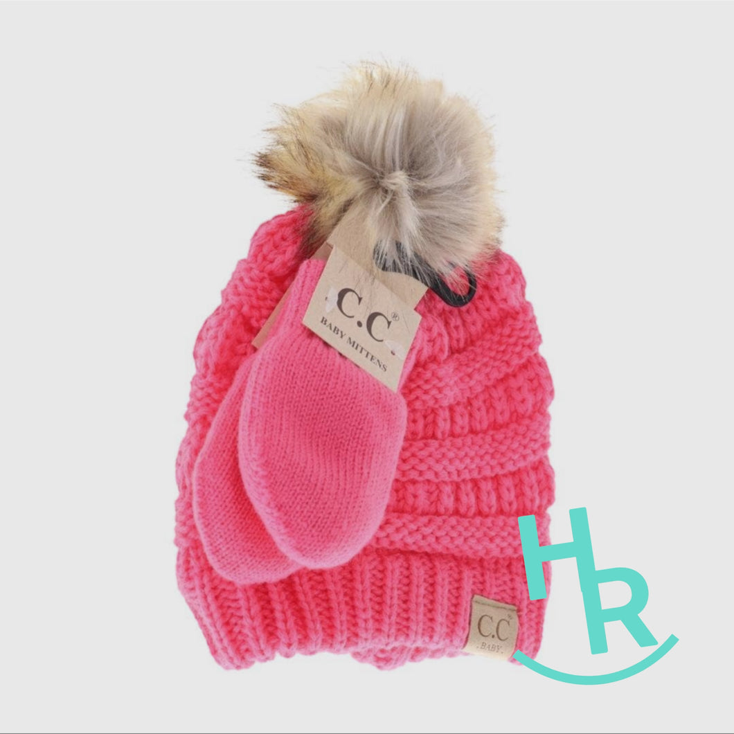 Baby Solid Knit Faux Fur Pom C.C Beanie with Mitten Set