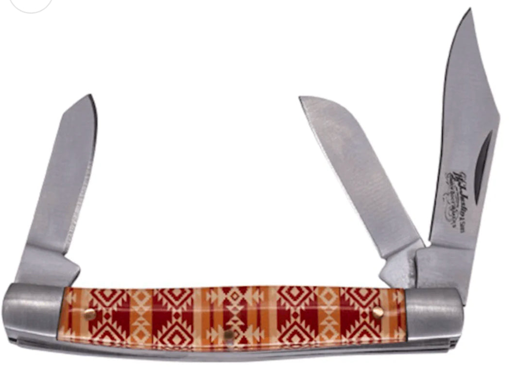 Justin Stockman Acrylic Tan & Red Aztec 3 Blade Pocket Knife