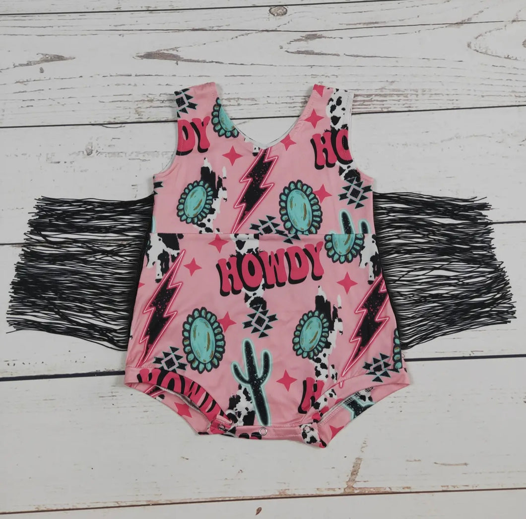 Howdy Fringe Romper- Pink