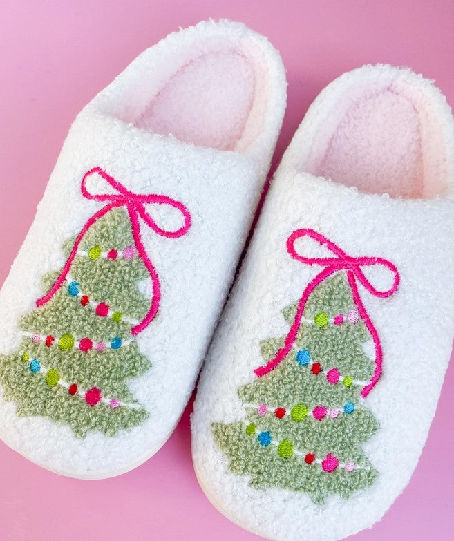 Pink Bow Christmas Tree Slippers- Adult