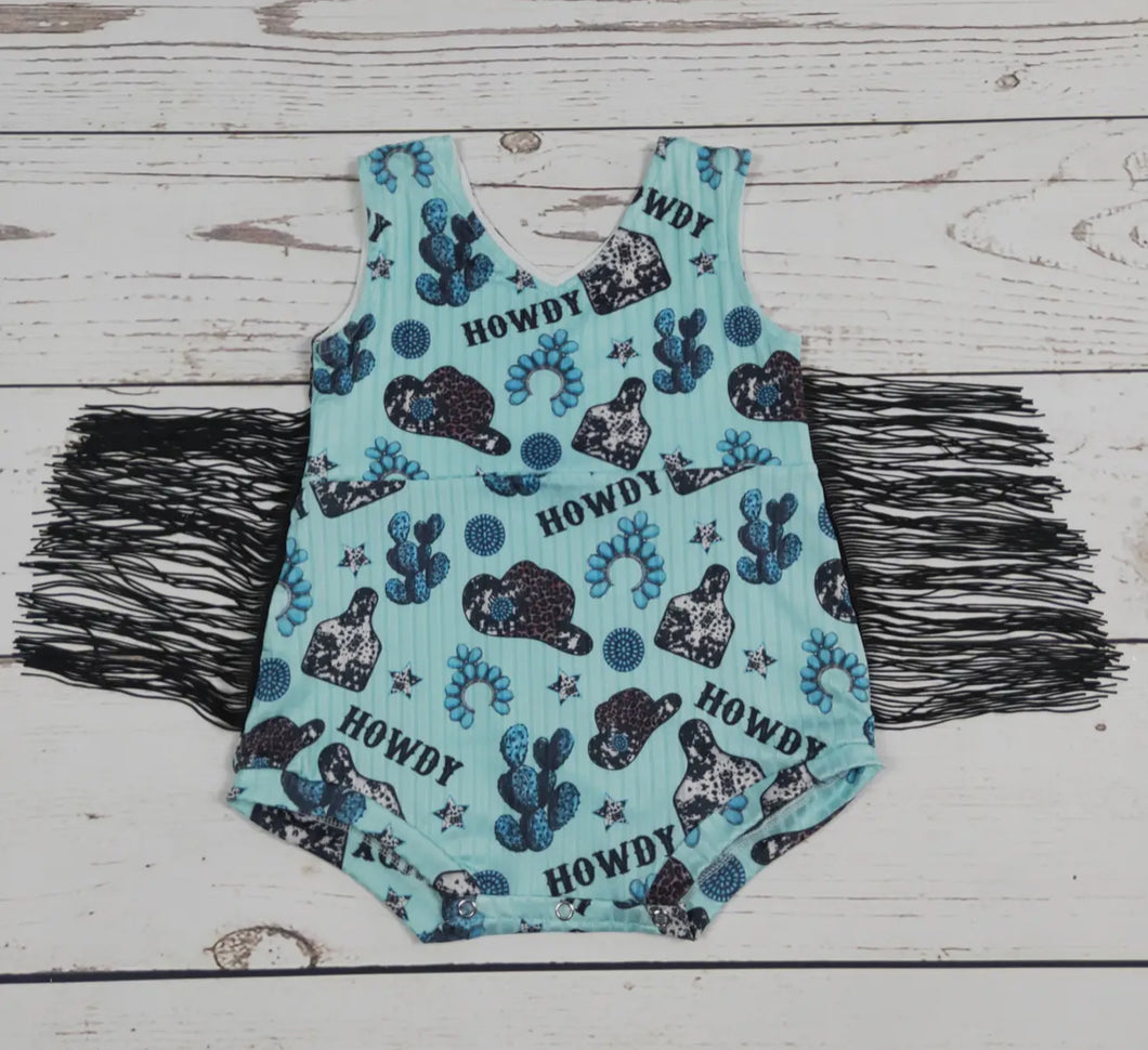 Howdy Fringe Romper- Turquoise