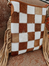 Load image into Gallery viewer, Checkered Cowhide Fringe Purse in Brown &amp; White
