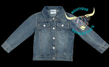 Load image into Gallery viewer, Lil’ Cowgirl Denim Fringe Jacket
