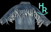 Load image into Gallery viewer, Lil’ Cowgirl Denim Fringe Jacket
