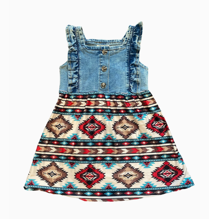 Shea Baby Girls Denim And Aztec Dress Blue 5T