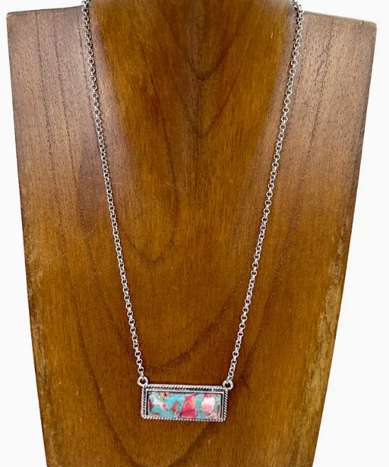 Silver Metal Chain with Oyster Copper Turquoise Pendant Necklace