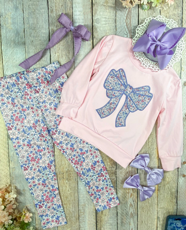 Purple Bow Applique with Floral Leggings Set