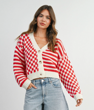 Load image into Gallery viewer, Oversized Button Down Checkered Stripe Cardigan
