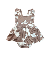 Load image into Gallery viewer, Brown Cowprint Cross Romper, Size 0-2T
