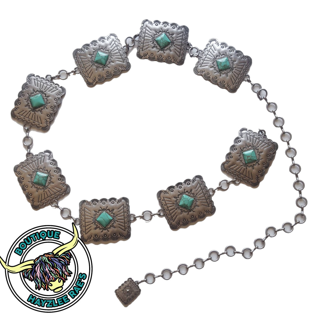 Western Silver Rectangular Concho Chain Belt with Stones