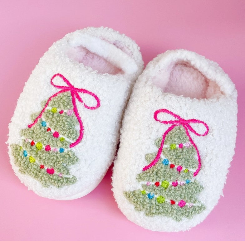 Pink Bow Christmas Tree Slippers- Toddler