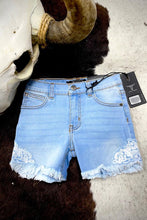 Load image into Gallery viewer, Girls Light Washed Shorts with Lace on side seam
